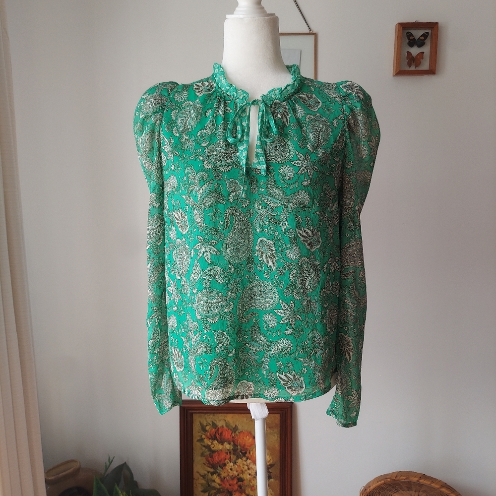 cupcakes & cashmere Teal GreenPaisley Blouse XS Long Sleeves